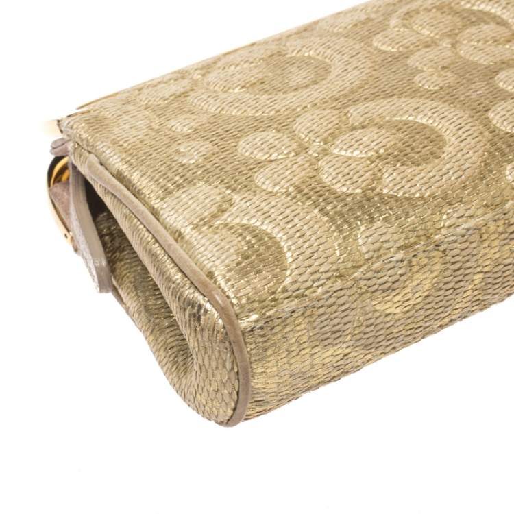 Pre Owned Bvlgari Metallic Gold Floral Embossed Straw Clutch