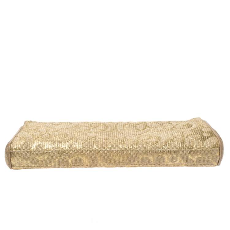 Pre Owned Bvlgari Metallic Gold Floral Embossed Straw Clutch