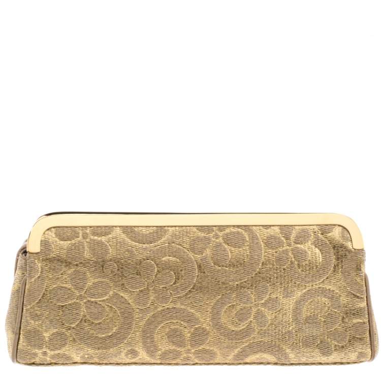 Pre Owned Bvlgari Metallic Gold Floral Embossed Straw Clutch