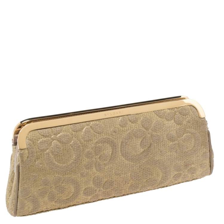Pre Owned Bvlgari Metallic Gold Floral Embossed Straw Clutch