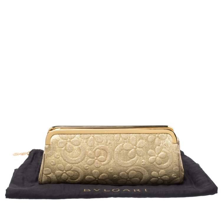 Pre Owned Bvlgari Metallic Gold Floral Embossed Straw Clutch