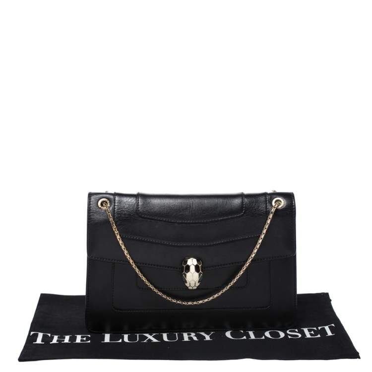 Pre Owned Bvlgari Black Leather Medium Serpenti Forever Flap Shoulder Bag
