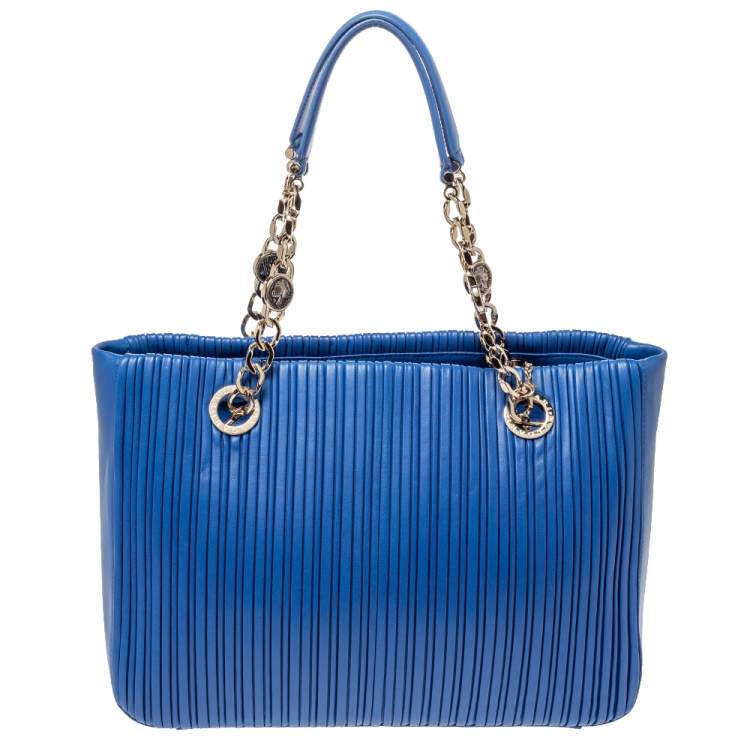 Pre Owned Bvlgari Royal Blue Leather Monte Plisse Shopper Tote
