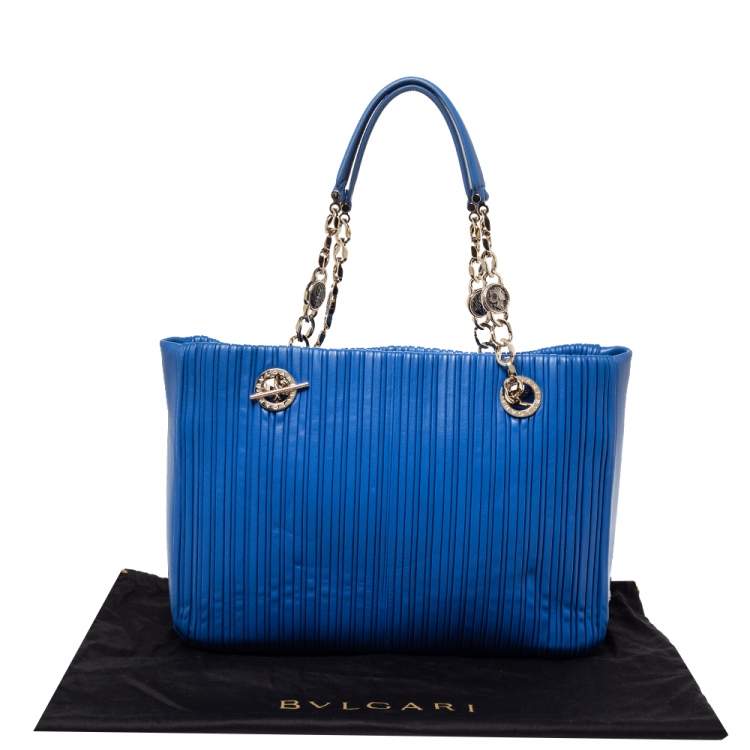 Pre Owned Bvlgari Royal Blue Leather Monte Plisse Shopper Tote