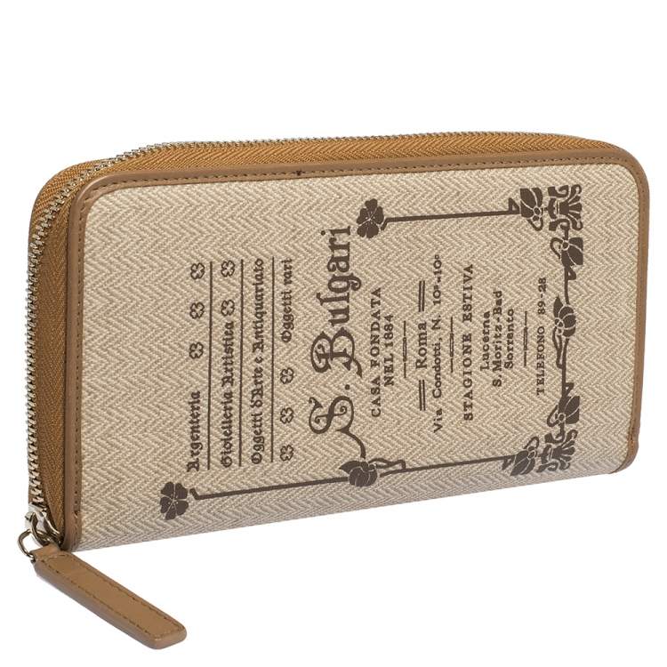 Pre Owned Bvlgari Beige/Brown Printed Coated Canvas Zip Around Wallet