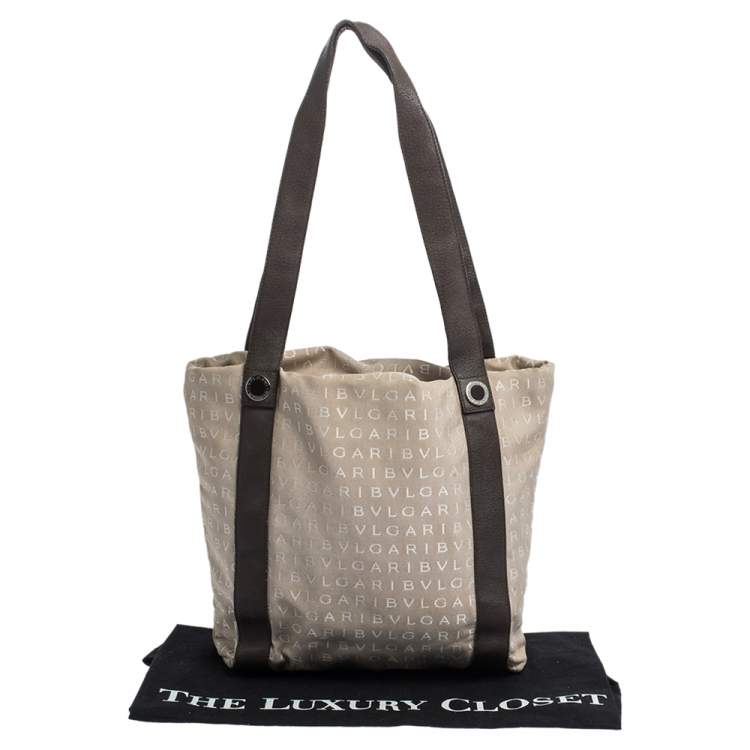 Pre Owned Bvlgari Beige/Brown Logo Mania Canvas and Leather Tote