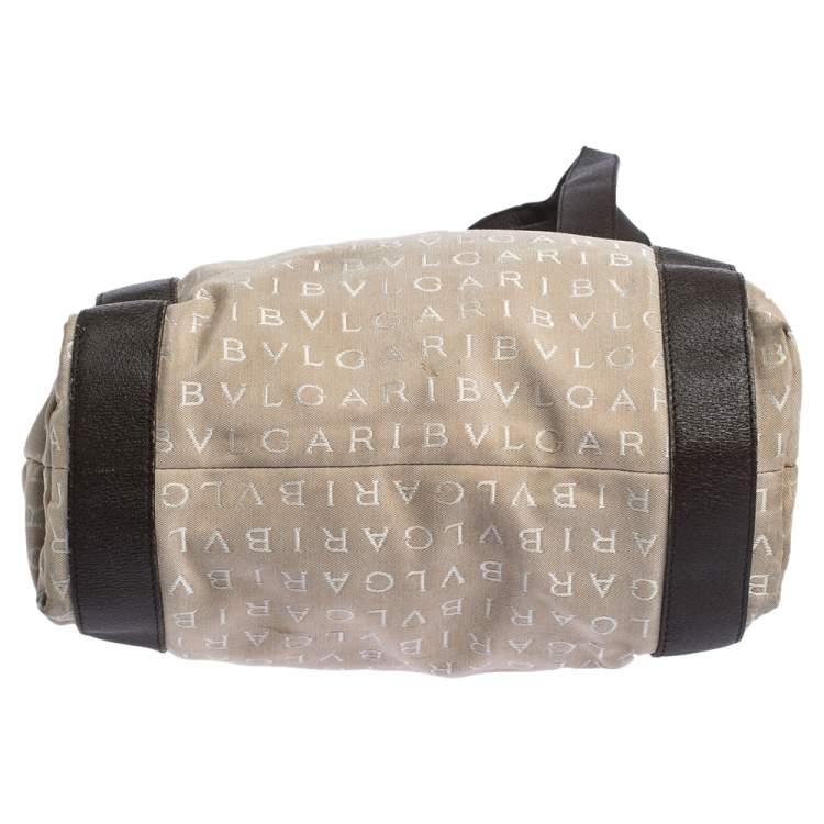 Pre Owned Bvlgari Beige/Brown Logo Mania Canvas and Leather Tote