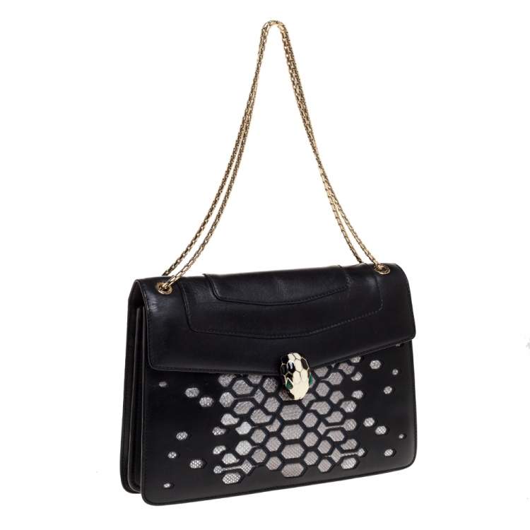 Pre Owned Bvlgari Black/Silver Leather Serpenti Forever Shoulder Bag
