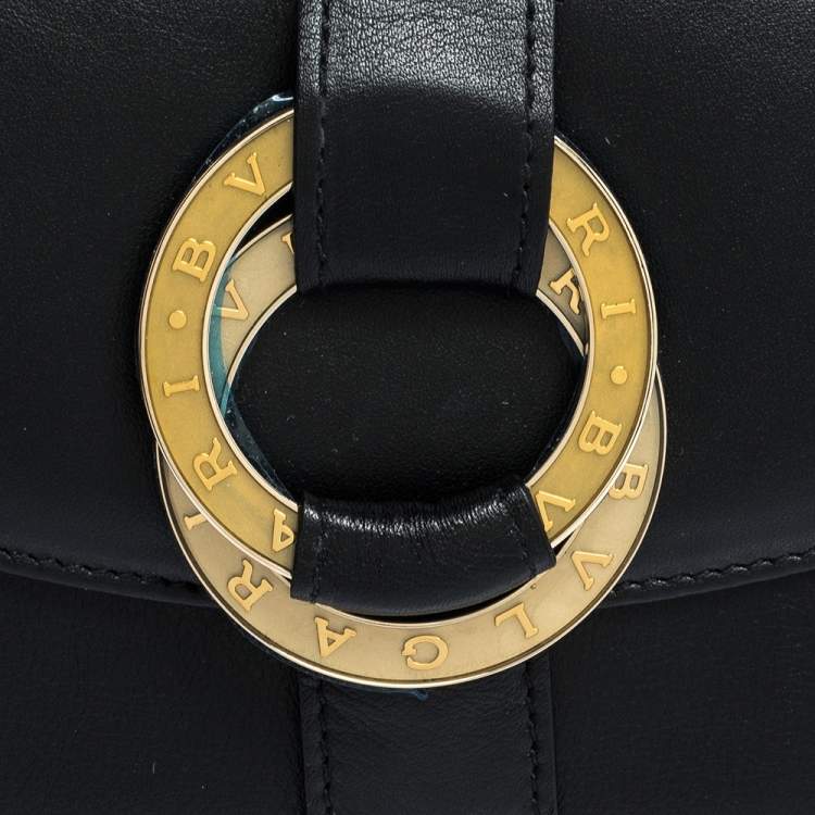 Pre Owned Bvlgari Black Leather Double Ring Flap Continental Wallet
