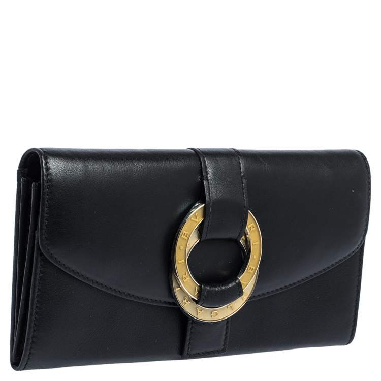 Pre Owned Bvlgari Black Leather Double Ring Flap Continental Wallet