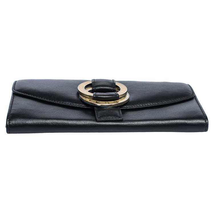 Pre Owned Bvlgari Black Leather Double Ring Flap Continental Wallet