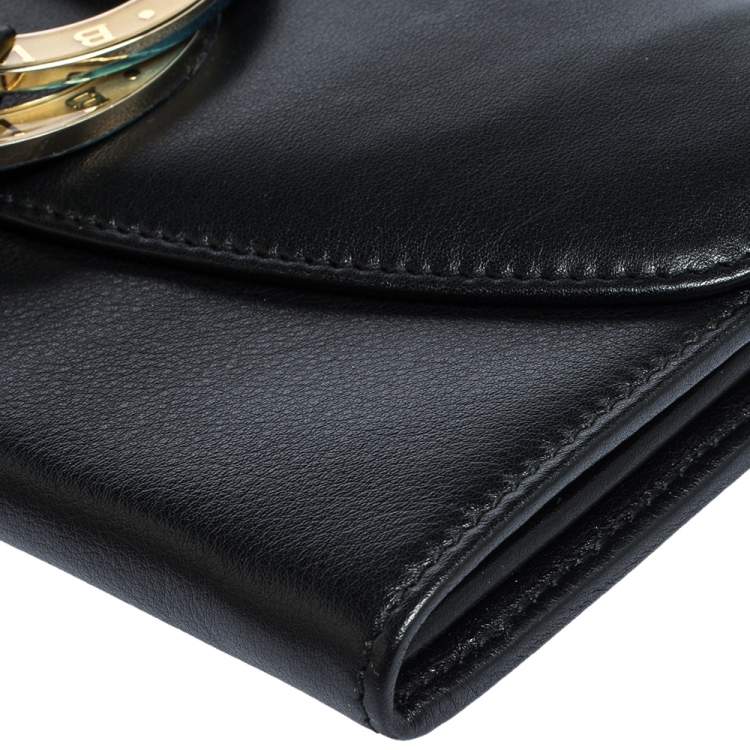 Pre Owned Bvlgari Black Leather Double Ring Flap Continental Wallet