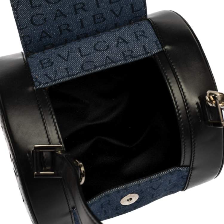 Pre Owned Bvlgari Blue/Black Denim and Leather Cylinder Bag