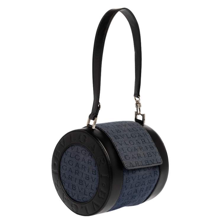 Pre Owned Bvlgari Blue/Black Denim and Leather Cylinder Bag