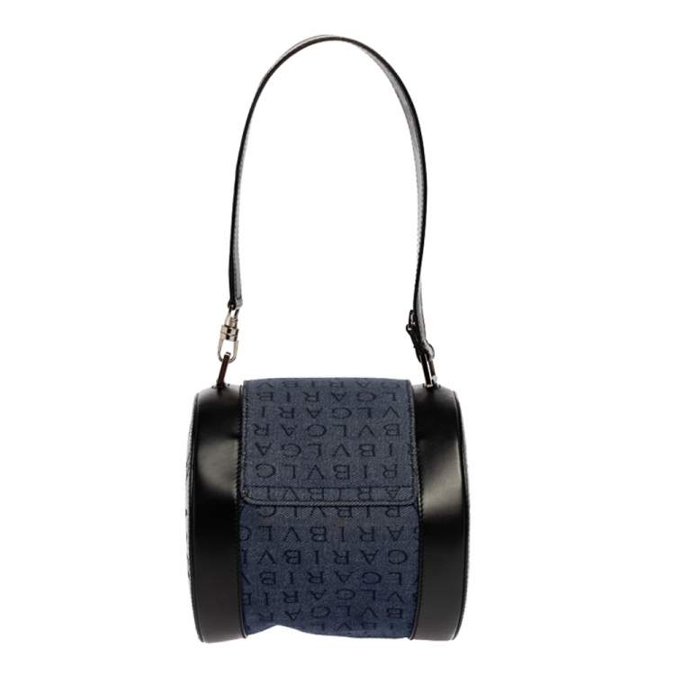 Pre Owned Bvlgari Blue/Black Denim and Leather Cylinder Bag