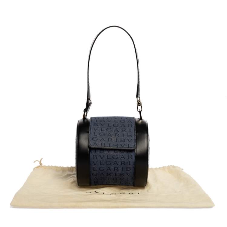 Pre Owned Bvlgari Blue/Black Denim and Leather Cylinder Bag