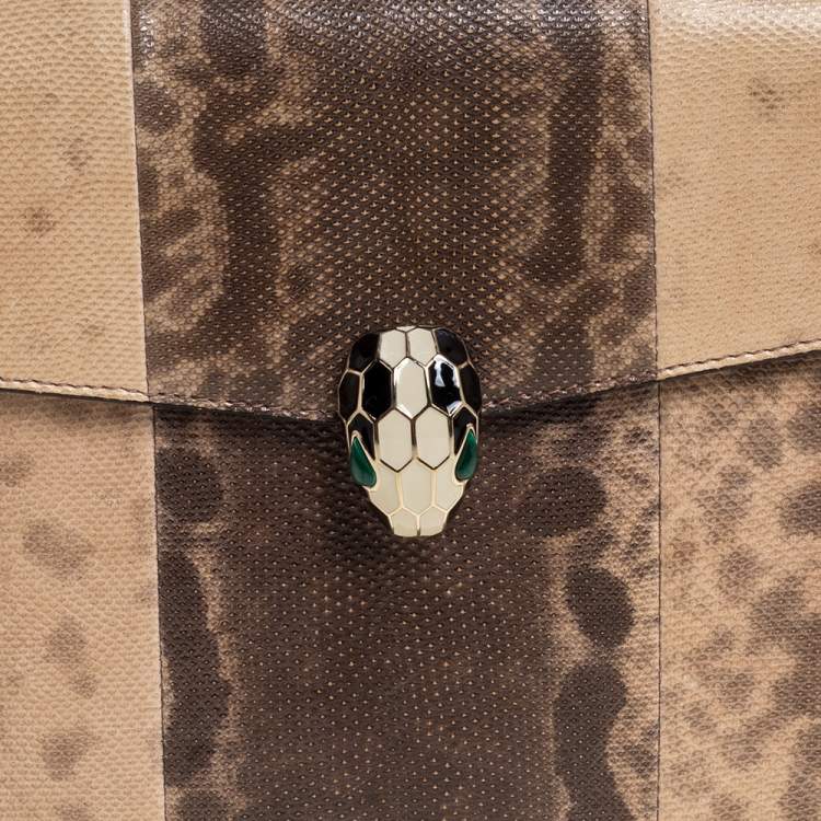 Pre Owned Bvlgari Beige Karung Medium Serpenti Forever Flap Shoulder Bag 