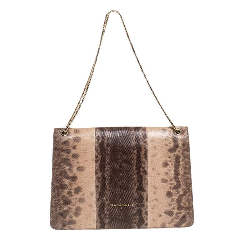Pre Owned Bvlgari Beige Karung Medium Serpenti Forever Flap Shoulder Bag 