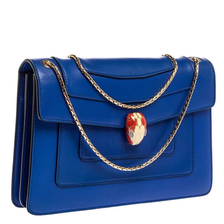 Pre Owned Bvlgari Blue Leather Medium Serpenti Forever Flap Shoulder Bag