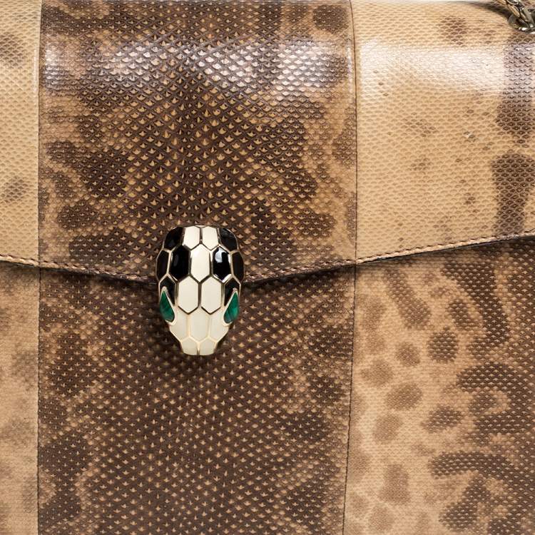 Pre Owned Bvlgari Beige Karung Medium Serpenti Forever Flap Shoulder Bag
