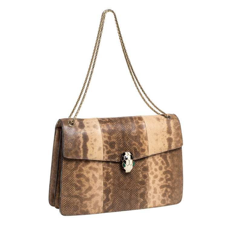Pre Owned Bvlgari Beige Karung Medium Serpenti Forever Flap Shoulder Bag