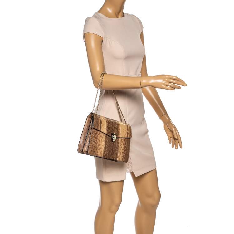 Pre Owned Bvlgari Beige Karung Medium Serpenti Forever Flap Shoulder Bag