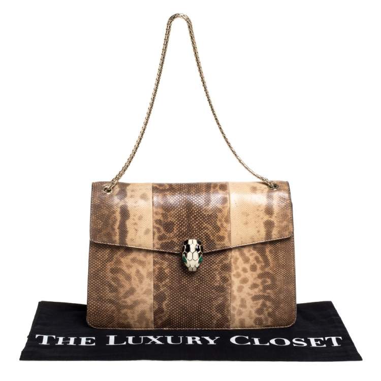 Pre Owned Bvlgari Beige Karung Medium Serpenti Forever Flap Shoulder Bag