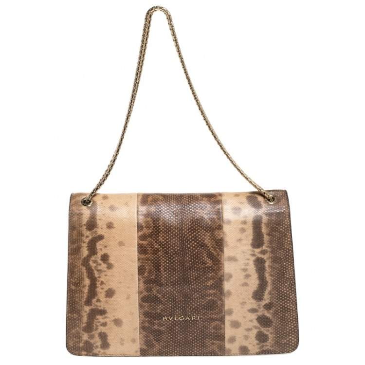 Pre Owned Bvlgari Beige Karung Medium Serpenti Forever Flap Shoulder Bag