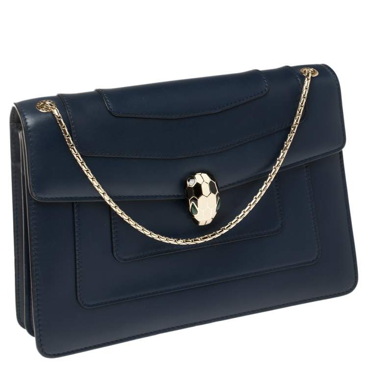 Pre Owned Bvlgari Navy Blue Leather Medium Serpenti Forever Flap Shoulder Bag