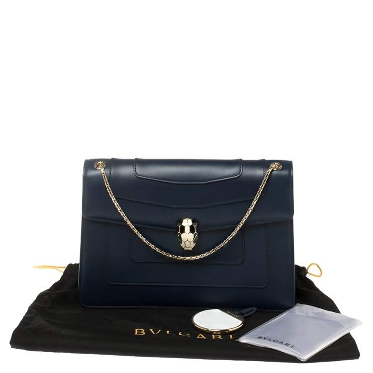Pre Owned Bvlgari Navy Blue Leather Medium Serpenti Forever Flap Shoulder Bag