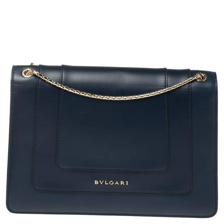 Pre Owned Bvlgari Navy Blue Leather Medium Serpenti Forever Flap Shoulder Bag