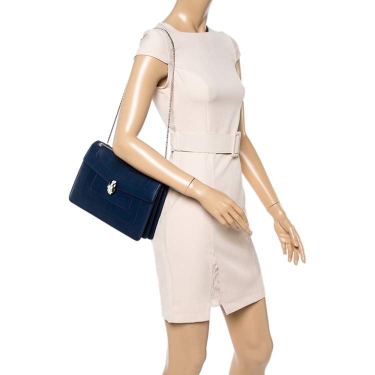 Pre Owned Bvlgari Navy Blue Leather Medium Serpenti Forever Flap Shoulder Bag