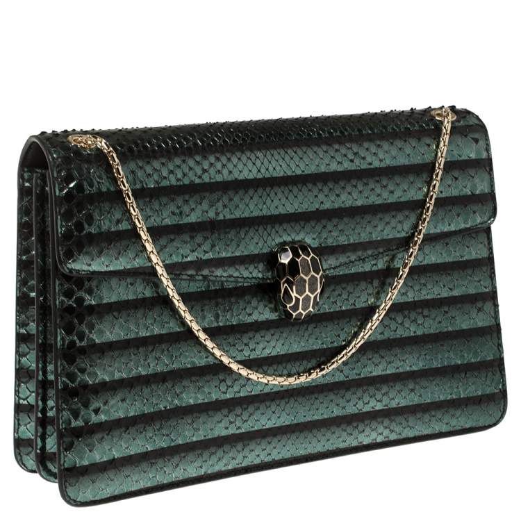 Pre Owned Bvlgari Green Python Medium Serpenti Forever Flap Shoulder Bag
