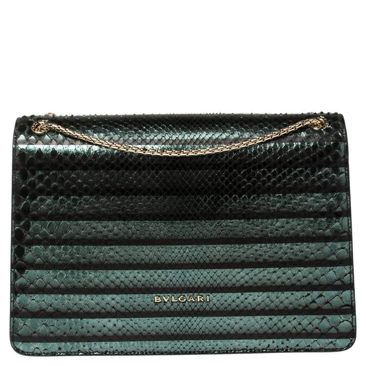 Pre Owned Bvlgari Green Python Medium Serpenti Forever Flap Shoulder Bag