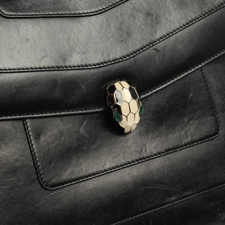 Pre Owned Bvlgari Black Leather  Serpenti Forever Double Flap Shoulder Bag