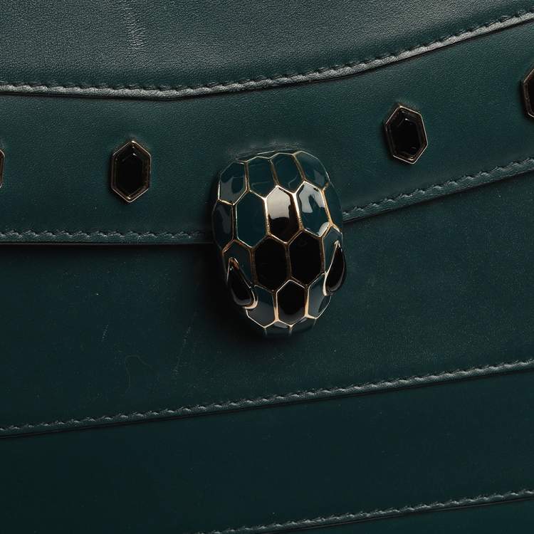 Pre Owned Bvlgari Green Leather Medium Studded Serpenti Forever Flap Shoulder Bag