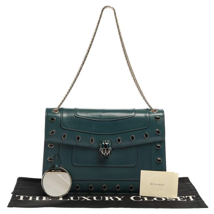 Pre Owned Bvlgari Green Leather Medium Studded Serpenti Forever Flap Shoulder Bag