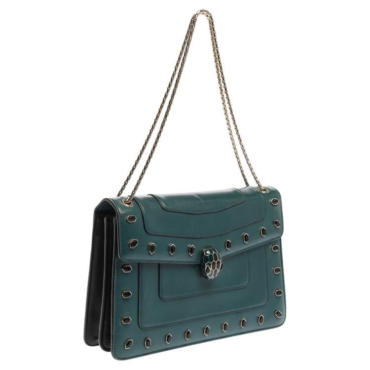 Pre Owned Bvlgari Green Leather Medium Studded Serpenti Forever Flap Shoulder Bag
