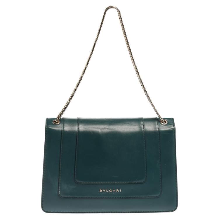 Pre Owned Bvlgari Green Leather Medium Studded Serpenti Forever Flap Shoulder Bag