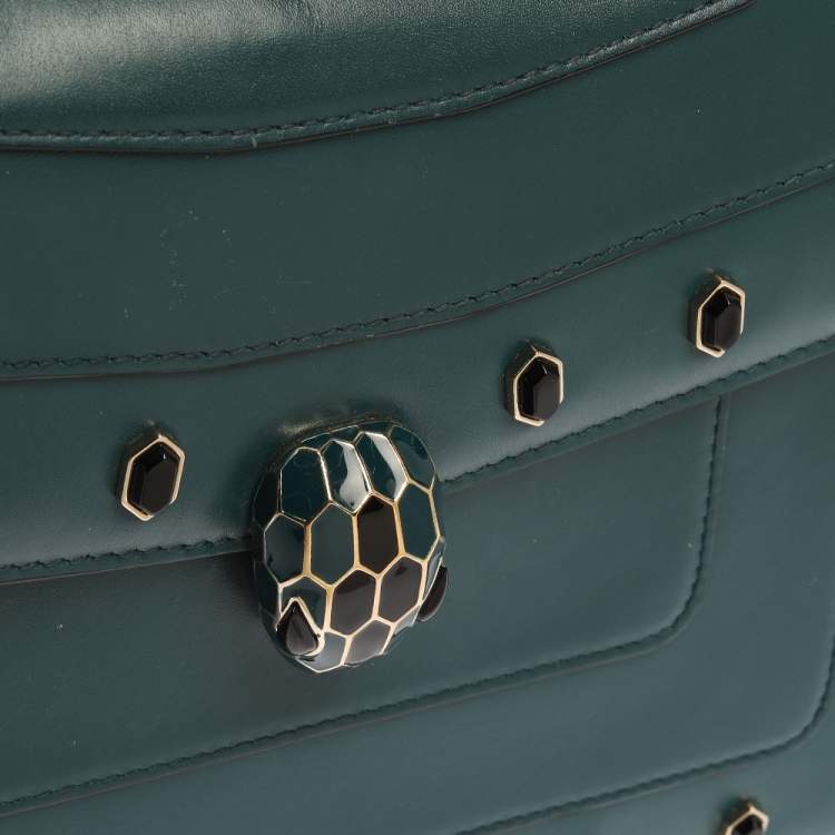Pre Owned Bvlgari Green Leather Medium Studded Serpenti Forever Flap Shoulder Bag