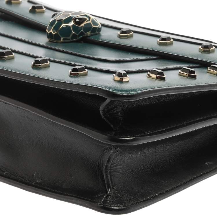 Pre Owned Bvlgari Green Leather Medium Studded Serpenti Forever Flap Shoulder Bag