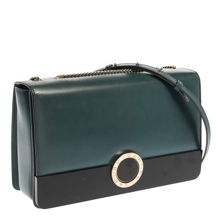 Pre Owned Bvlgari Teal/Black Leather and Perspex Medium Flap Cover Bag