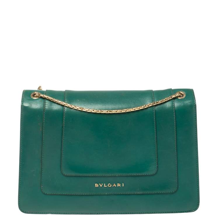 Pre Owned Bvlgari Green Leather Medium Serpenti Forever Flap Shoulder Bag