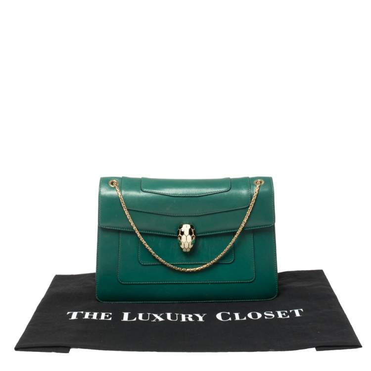 Pre Owned Bvlgari Green Leather Medium Serpenti Forever Flap Shoulder Bag