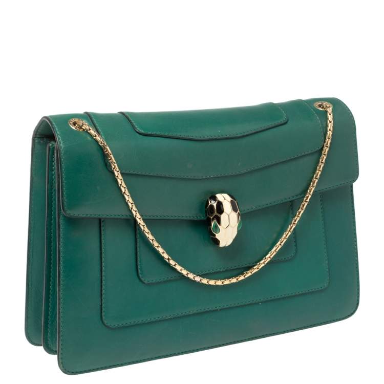 Pre Owned Bvlgari Green Leather Medium Serpenti Forever Flap Shoulder Bag