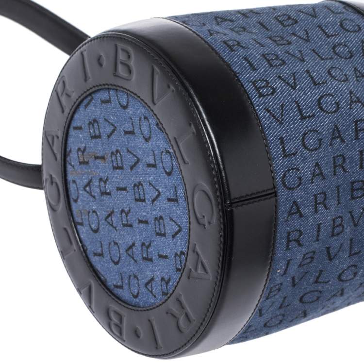 Pre Owned Bvlgari Blue/Black Denim and Leather Cylinder Bag
