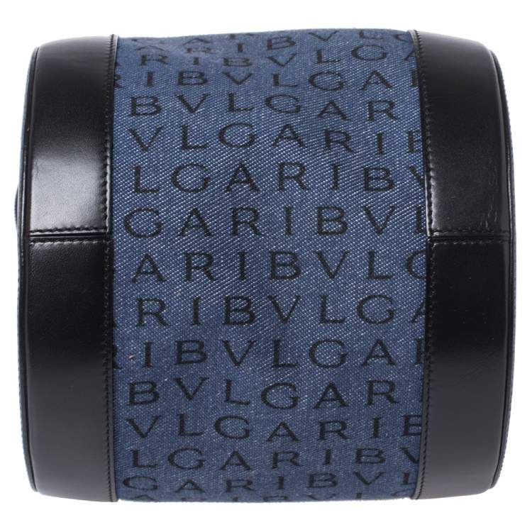 Pre Owned Bvlgari Blue/Black Denim and Leather Cylinder Bag