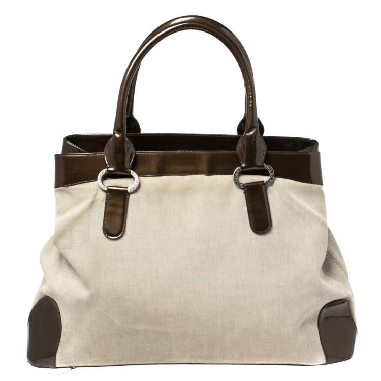 Pre Owned Bvlgari Dark Brown/Grey Canvas and Patent Leather Middle Zip Tote