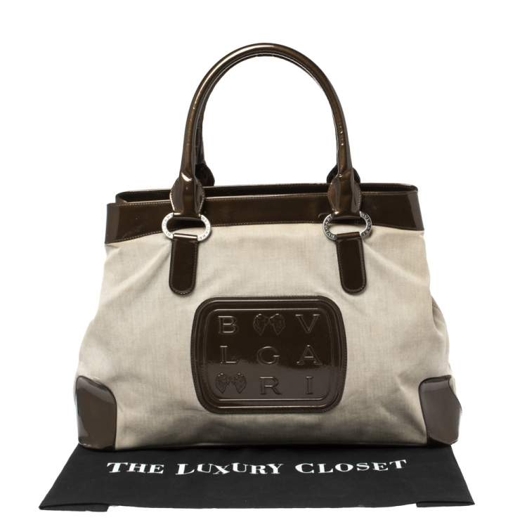 Pre Owned Bvlgari Dark Brown/Grey Canvas and Patent Leather Middle Zip Tote