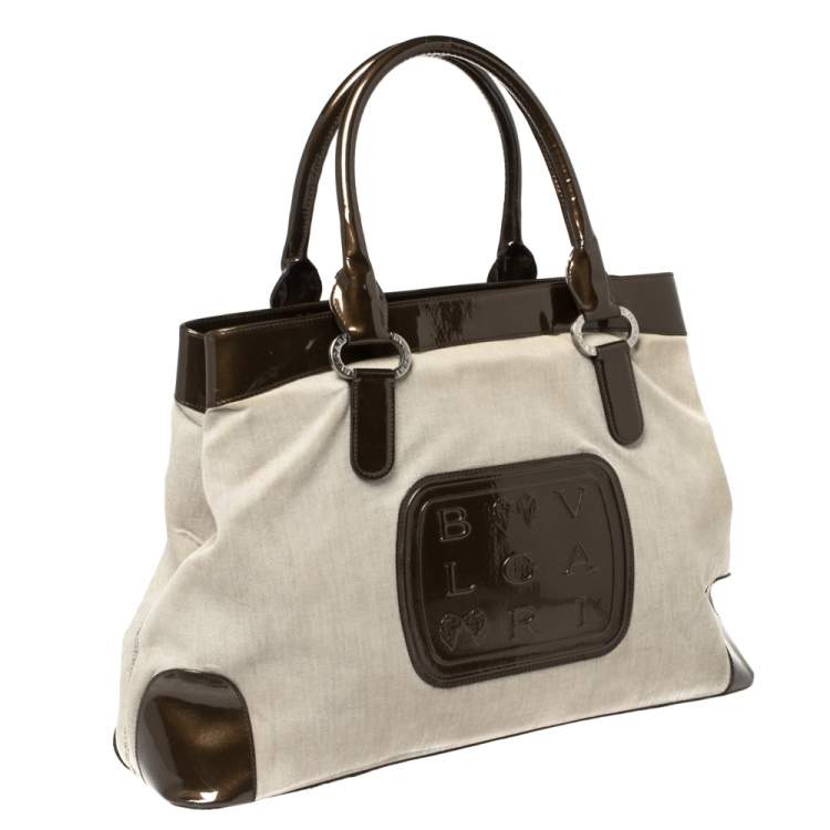 Pre Owned Bvlgari Dark Brown/Grey Canvas and Patent Leather Middle Zip Tote